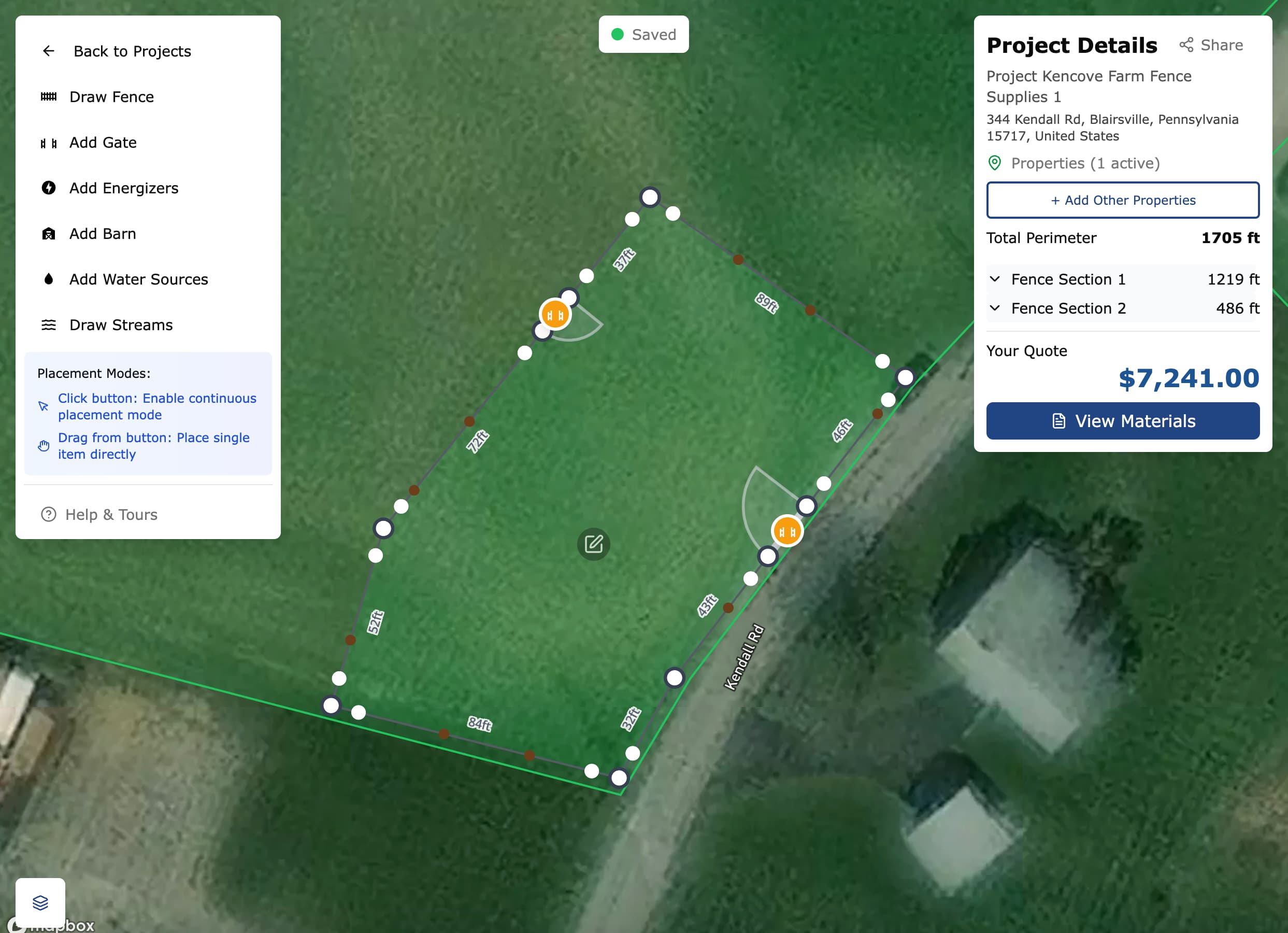 Kencove fence planner showing drawn fence sections, project perimeter, and a generated quote