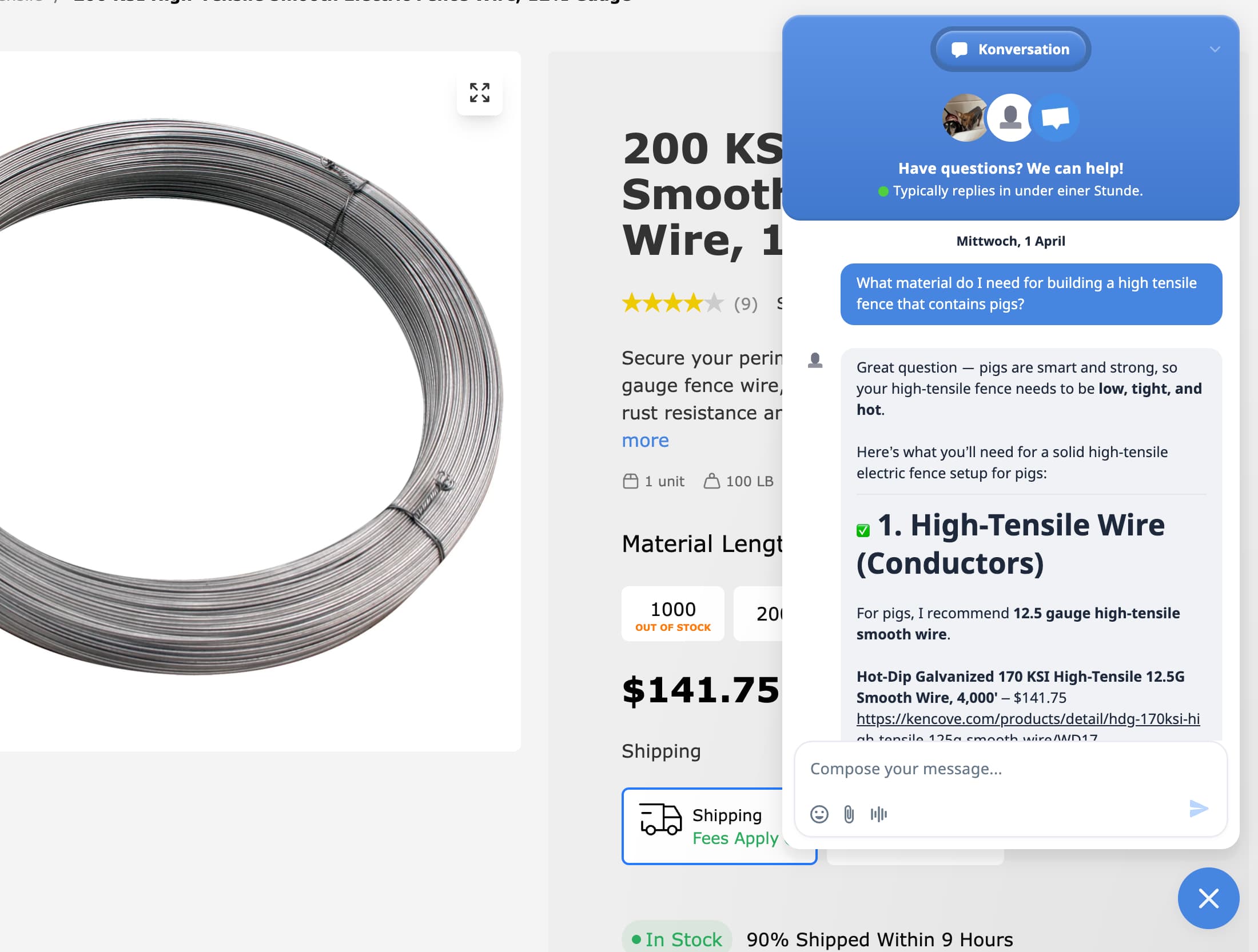 Kencove product page with an AI chat assistant recommending fencing materials