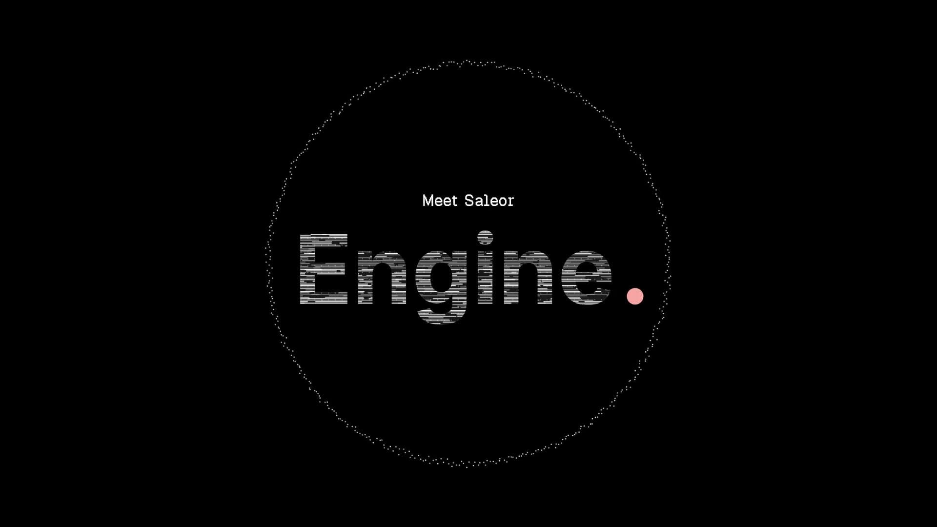 Meet Saleor Engine wordmark inside a ring of particles on a black background
