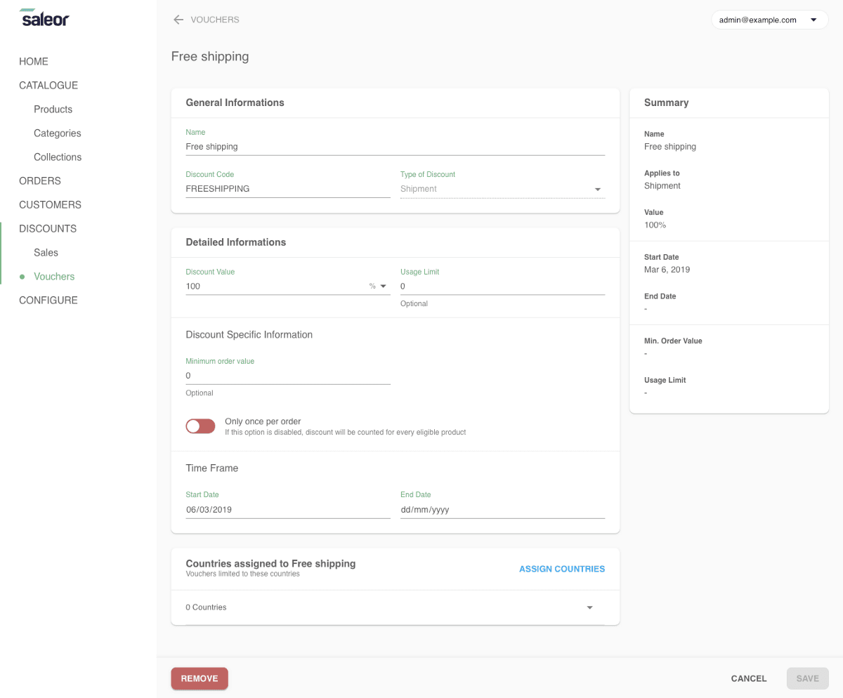 Creating a voucher for free shipping in Dashboard 2.0