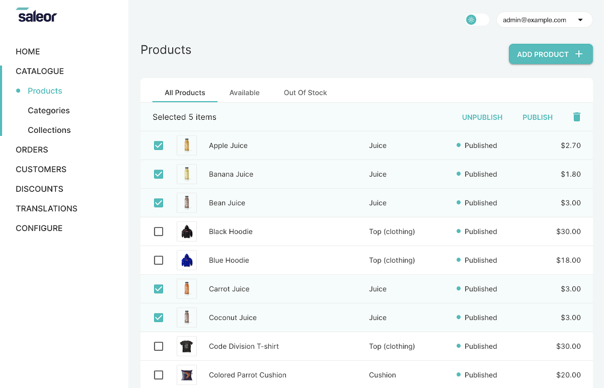 Bulk actions in product list view