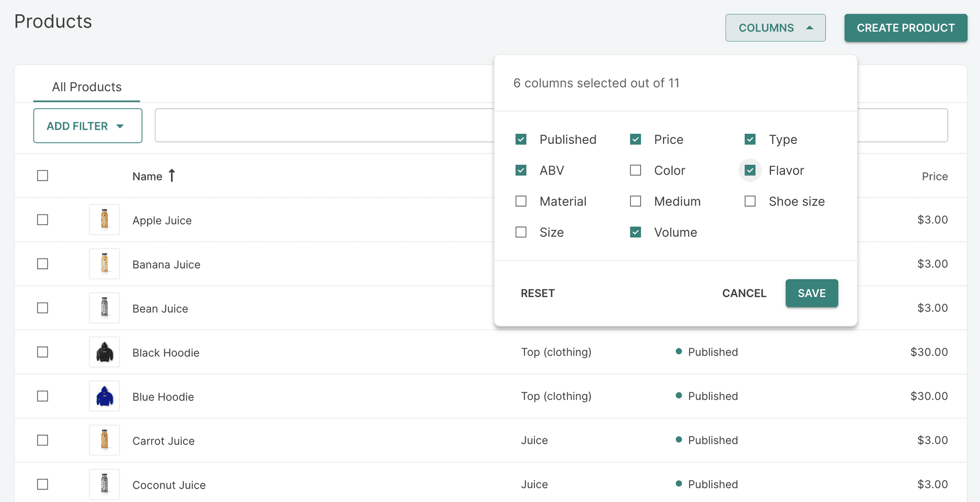 Selecting columns on the products list page
