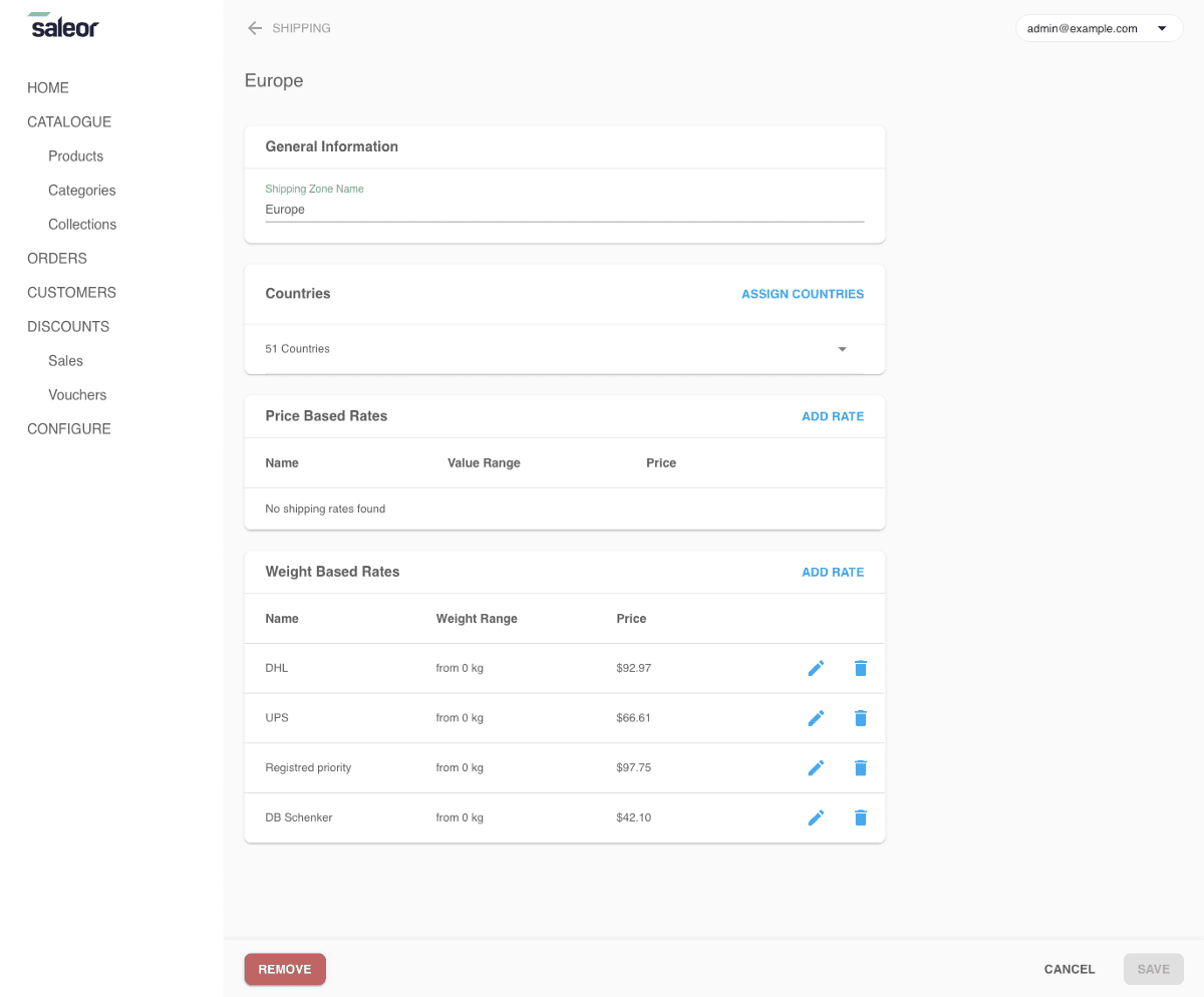 Details of a shipping zone in Dashboard 2.0