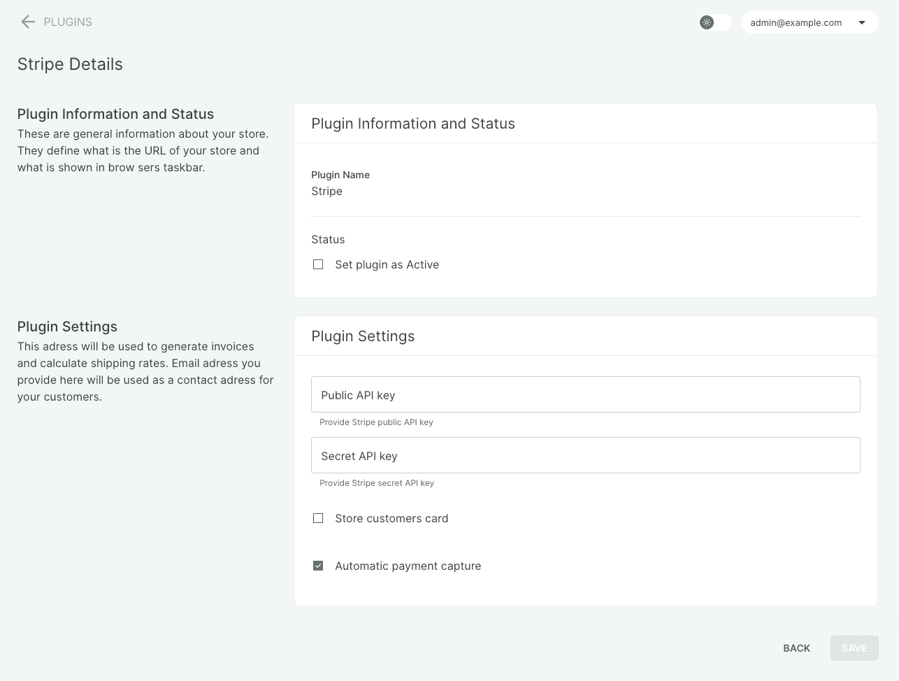 The configuration page for Stripe plugin