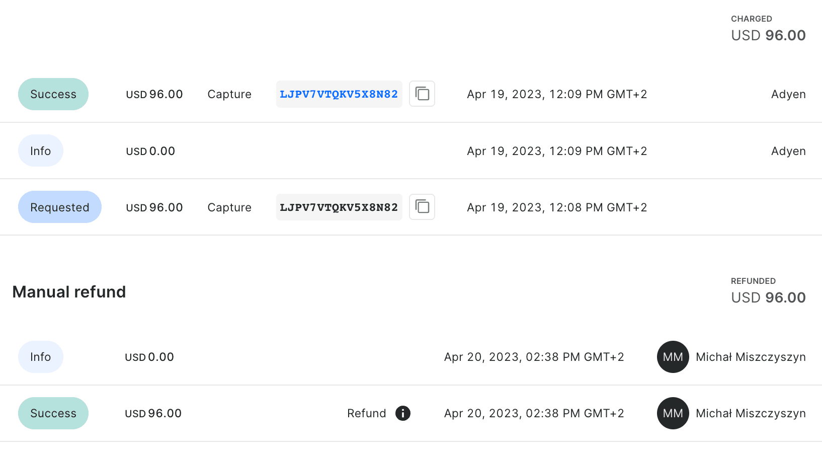 List of transactions is visible in the dashboard