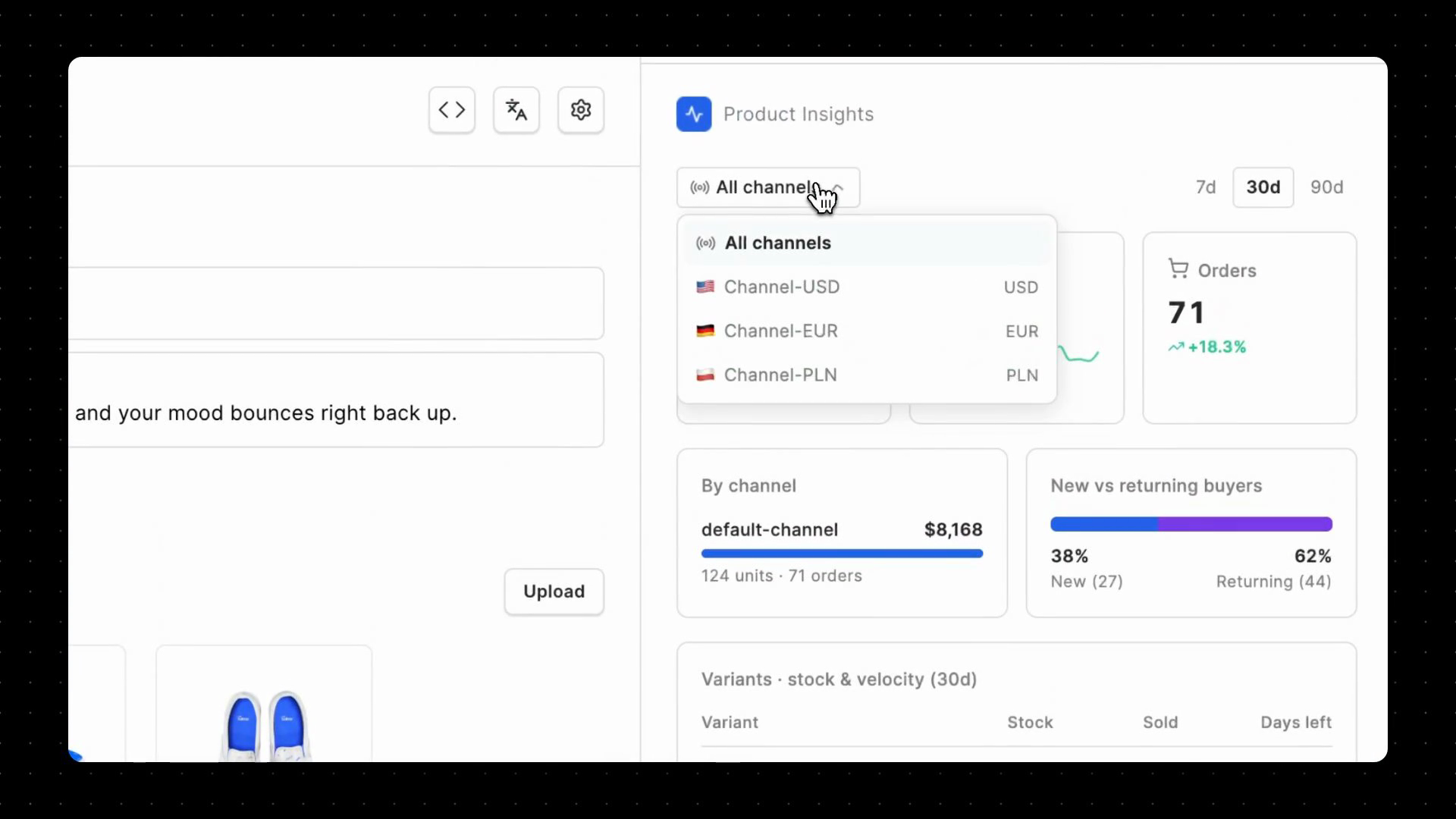 Product Insights widget inside a Saleor product page showing channel performance, orders, buyer mix, stock, and sales velocity